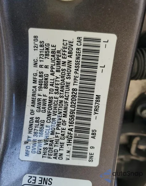 2009 Honda Civic Lx z USA, uszkodzony, nr VIN 1HGFA16569L020928